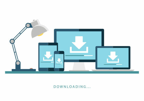 Desktop computer, laptop, tablet and smartphone with downloading screen. Downloading process. Install new software, operating system. Vector illustration.